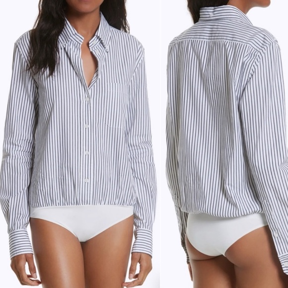 VERONICA BEARD 100% Cotton Stripe Bodysuit in White With Blue Stripes Sz. XS - Picture 1 of 16